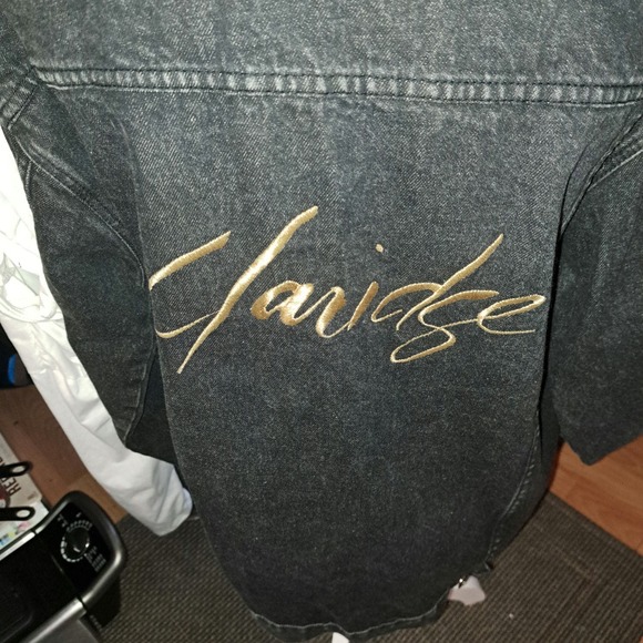 Milano Bay Size Large Black Denim Jacket with Gold Embroidery on Back - Picture 5 of 12